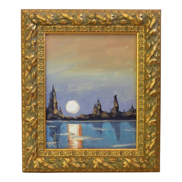 William Hawkins Reflecting Full Moon & Lake Landscape Oil Painting Including the Antiqued Gold Wood Frame For Sale