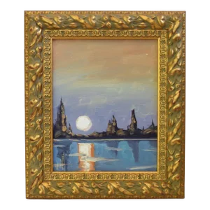 William Hawkins Reflecting Full Moon & Lake Landscape Oil Painting Including the Antiqued Gold Wood Frame