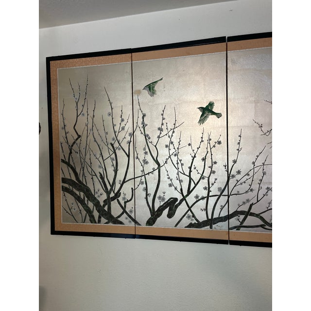 Vintage Japanese 4-Panel Gold Leaf Byōbu Wall Screen - Hand-Painted Plum Blossoms & Birds For Sale - Image 4 of 6