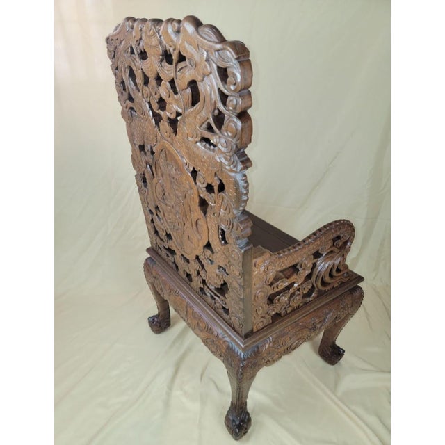 Late 19th Century Antique Chinoiserie Hand-Carved Rosewood Dragon Throne Chair With Owl Feet, Circa 1900 For Sale - Image 11 of 13