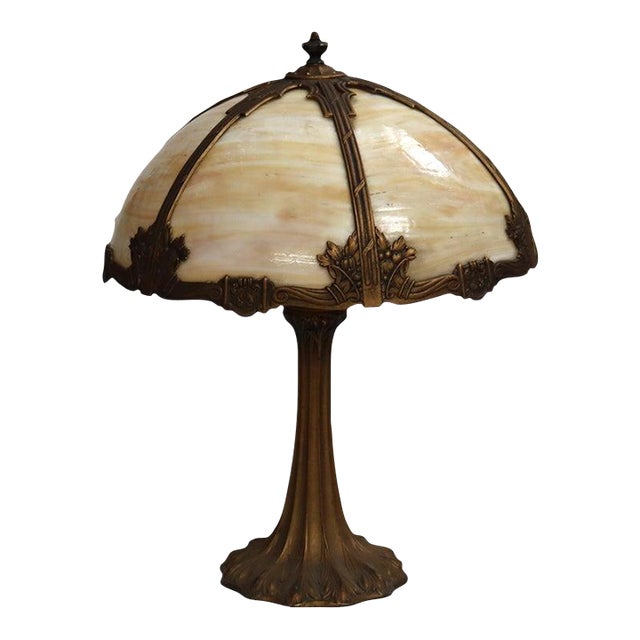 1920 Bradley & Hubbard School Arts & Crafts 6 Panel Slag Glass Lamp For Sale