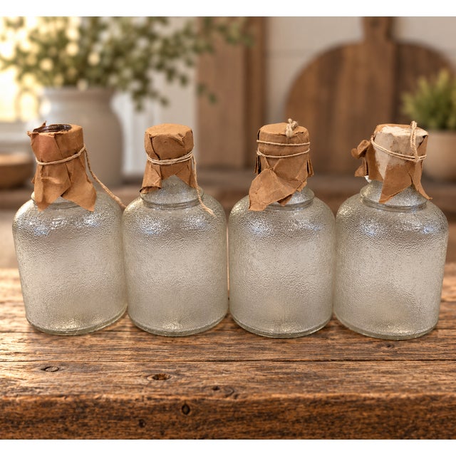 Farmhouse 1920s Illinois-Pacific Ipg Textured Glass Jugs With Covered Stoppers, Set of 4 For Sale - Image 3 of 11