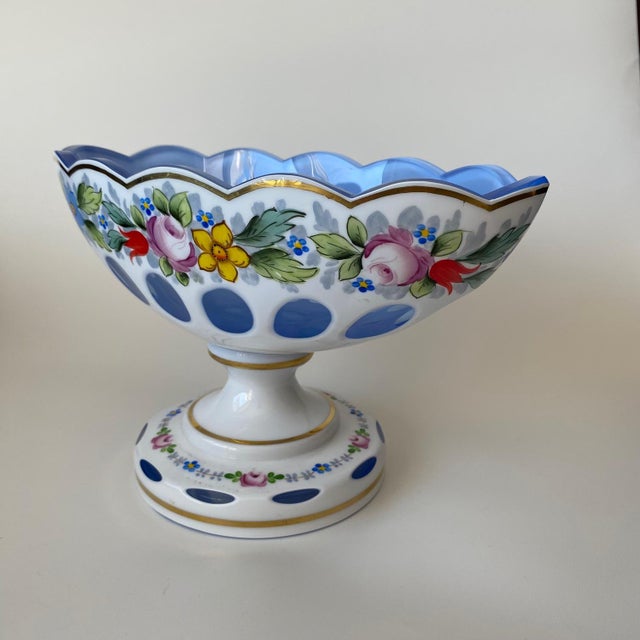 Vintage Moser Glass Oval Bowl: Cut-to-Clear, White With Blue Overlay, Hand Painted Florals For Sale - Image 10 of 16