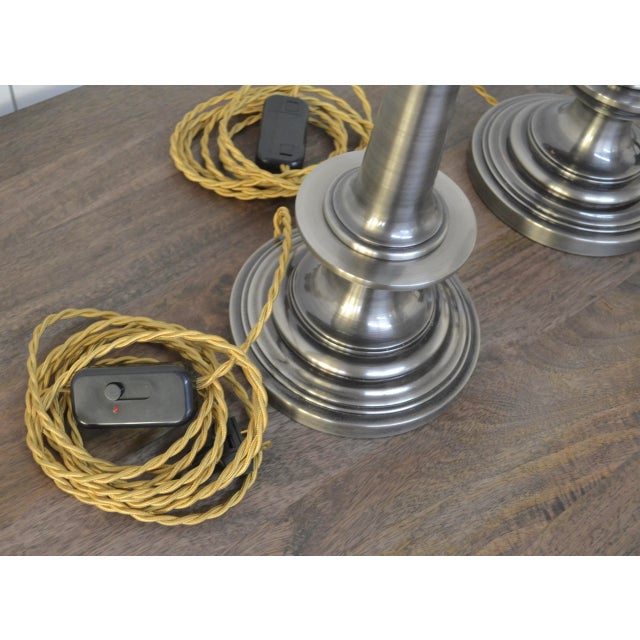 Metal English Style Candlestick Lamps in Pewter Finish - A Pair For Sale - Image 7 of 7