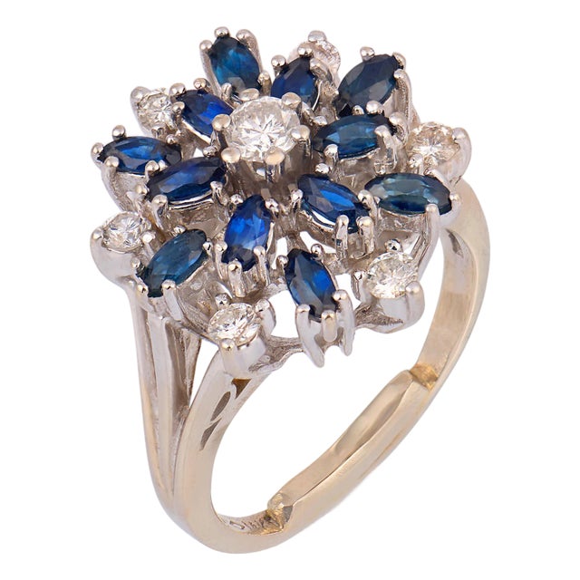 Vintage Sapphire Diamond Cluster 14k White Gold Ring, Size 4 For Sale