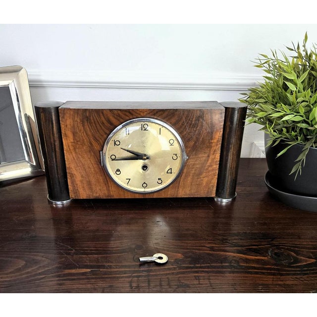 Brown Art Deco Walnut Veneer Mantel Table Clock, 1940s For Sale - Image 8 of 9