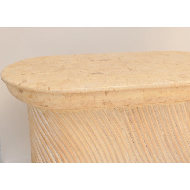 Tessellated Fossil Stone, Split Pencil Reed, and Brass Accent Table For Sale In Madison - Image 6 of 9