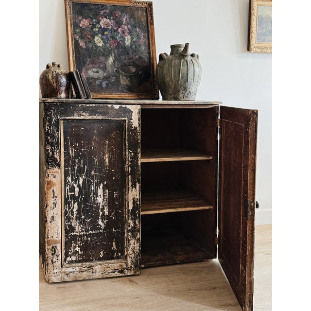 19th Century Large Antique English Chippy Painted Black Pine Cupboard For Sale - Image 5 of 7
