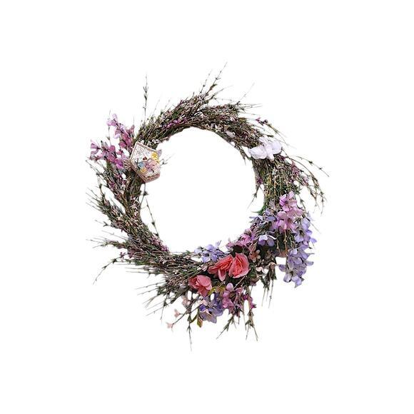 Field of Flowers Spring Summer Door Wreath 18" Crochet Feather Bird House Wall For Sale - Image 9 of 11