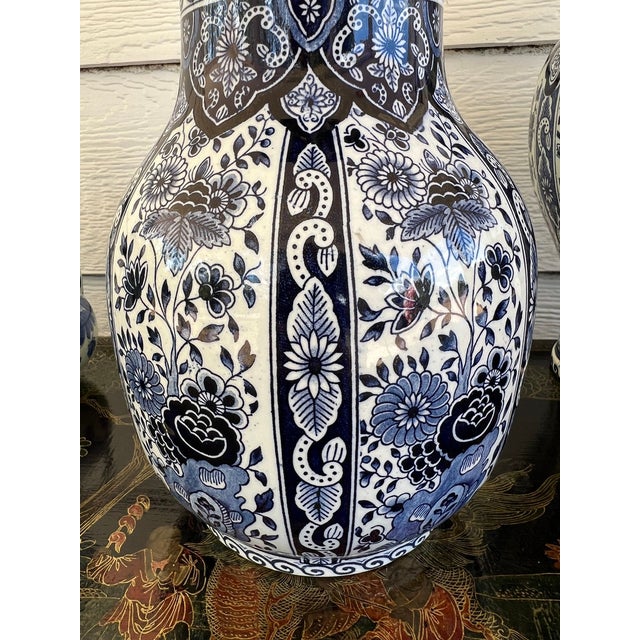 Vintage Large Delft Trumpet Vase Blue and White Floral Boch Royal Sphinx Urn For Sale - Image 11 of 18