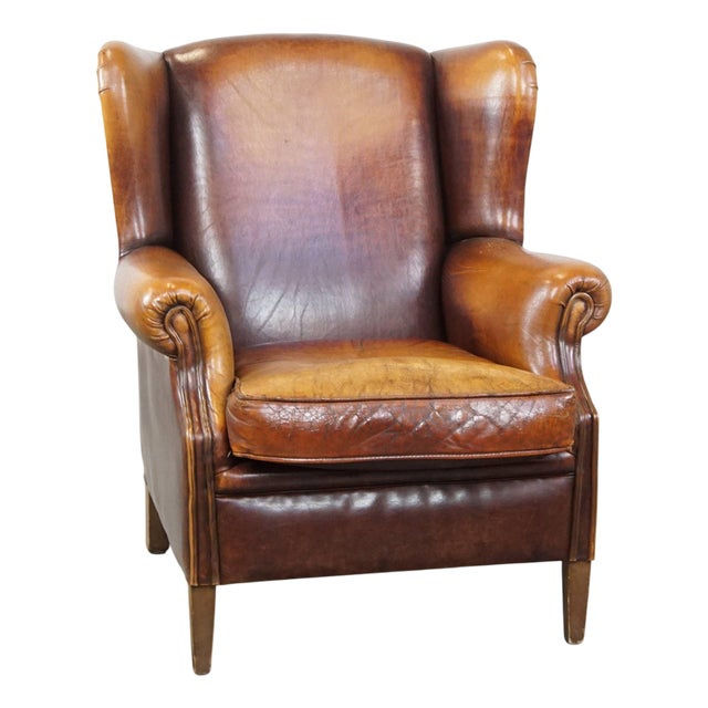 Vintage Sheep Leather Wing Chair For Sale