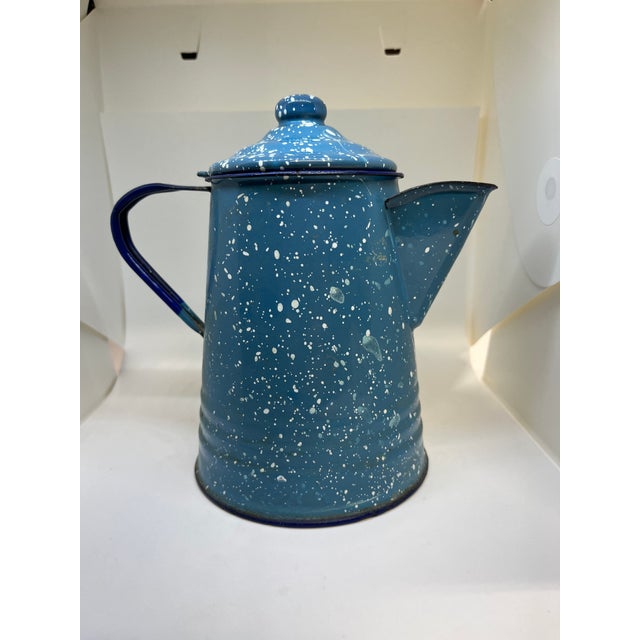 1940 Enamelware Blue Speckle Coffee Pot For Sale - Image 4 of 5