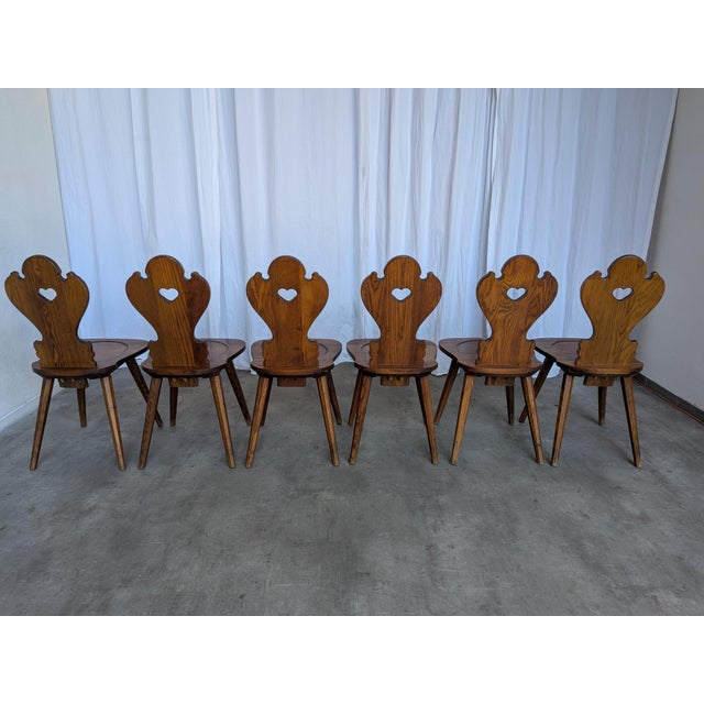Farmhouse Tyrolean Chairs with Heart Cutout Back, 1970s, Set of 6 For Sale - Image 3 of 18