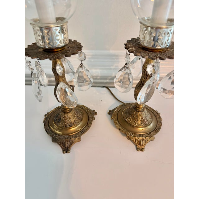Pair of Vintage Brass Accent Lamps With Chandelier Crystal Prisms & Etched Glass Shades For Sale - Image 4 of 12