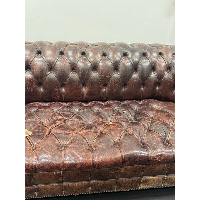 Brown 1950s Vintage Mid-Century Aged Brown Tufted Leather Chesterfield Sofa With Great Patina! For Sale - Image 8 of 11