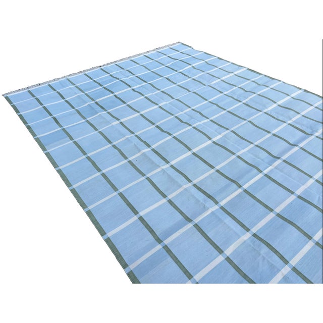 Sky Blue Handmade Cotton Natural Vegetable Dyed Sky Blue, Cream & Sage Green Windowpane Rug - 12'x15' For Sale - Image 8 of 10