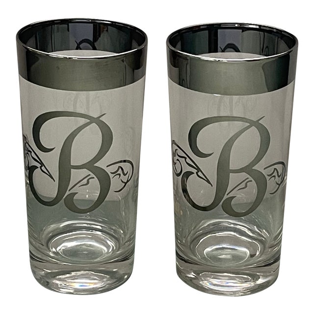 Vintage “B” Silver Trimmed Monogrammed Tumblers- A Pair For Sale