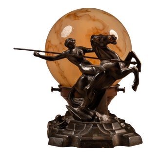 Early 20th Century Art Deco Figural Equestrian Lamp With Marbled Glass Globe For Sale