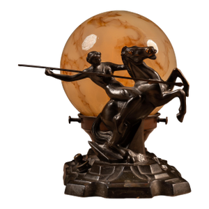 Early 20th Century Art Deco Figural Equestrian Lamp With Marbled Glass Globe