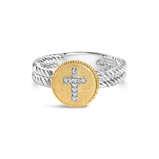 18K Yellow Gold Plated .925 Sterling Silver Diamond Cross Ring with Satin Finish (I-J Color, SI1-SI2 Clarity) - Ring Size 6 For Sale