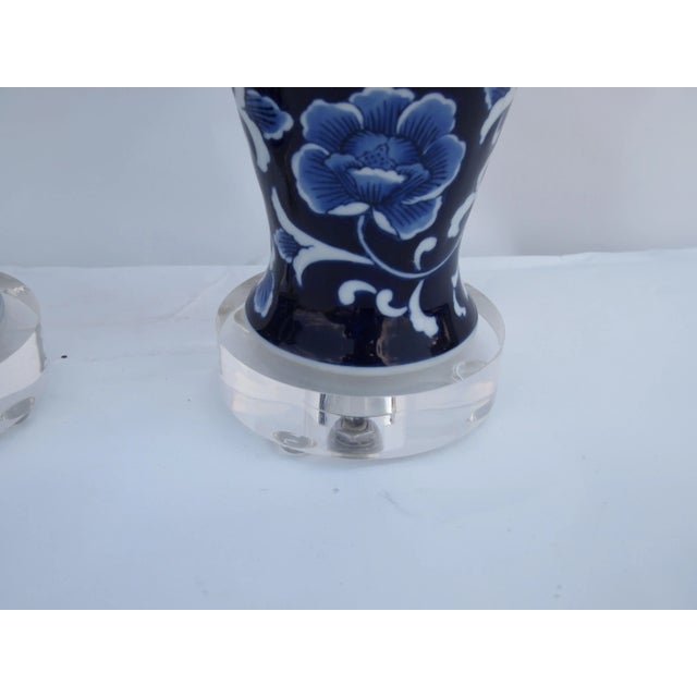 Pair of Chinese Blue and White Lamps For Sale - Image 4 of 5