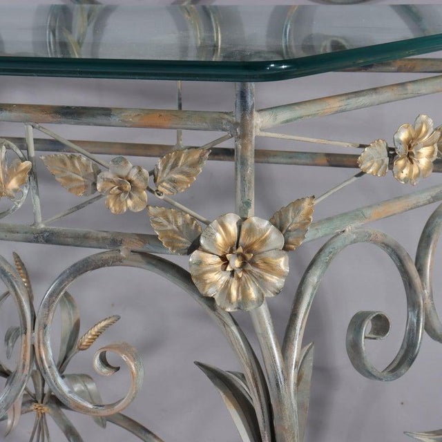 Hollywood Regency Vintage LaBarge Glass , Silver & Gilt Metal Floral & Foliage Pier Table & Mirror For Sale - Image 3 of 12