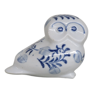 Owl Penny Coin Bank With Stopper Ceramic Blue and White