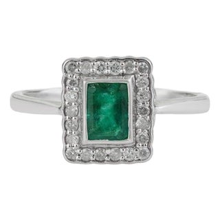Octagon Cut Geometric Zambian Emerald Ring With Diamond Halo in Silver, Size 8.5 For Sale
