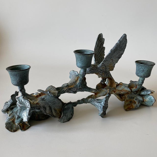 Vintage Spi Triple Candelabra: Pewter, Verde-Patina, Morning Glory Hummingbird For Sale - Image 6 of 18