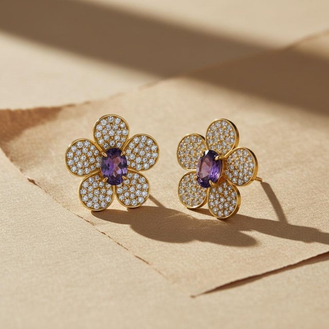 Not Yet Made - Made To Order Five Petal Flower Earrings Studs With Amethysts, Silver, Gold, Pair For Sale - Image 5 of 7