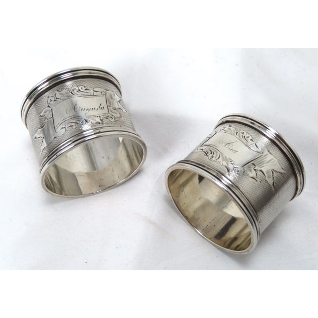 Antique American Victorian Hand Engraved Sterling Silver Wedding Napkin Rings for Asa & Augusta For Sale - Image 13 of 13