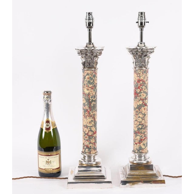 Antique Silver-Plated Corinthian Column Table Lamps, 1920s, Set of 2 For Sale - Image 14 of 15