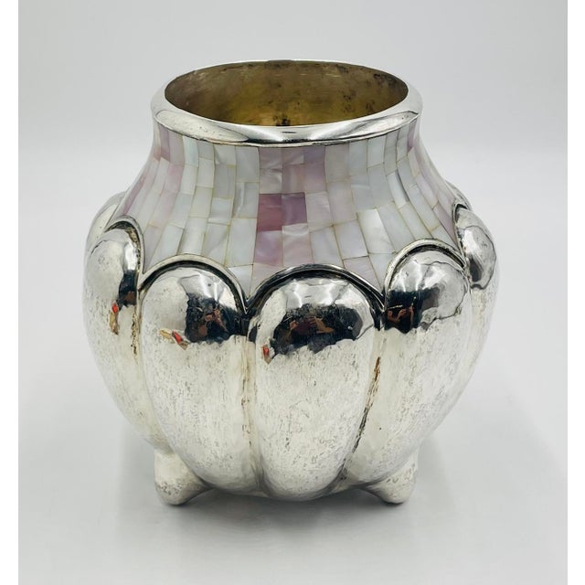 Metal Large Silver-Plated & Mother-of-Pearl Vase by Los Castillo, Taxco Mexico, 1960s For Sale - Image 7 of 15