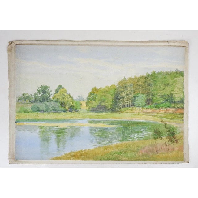 Rustic European Late 19th Century French Plein Air Lakeside Landscape Watercolor Painting For Sale - Image 3 of 4