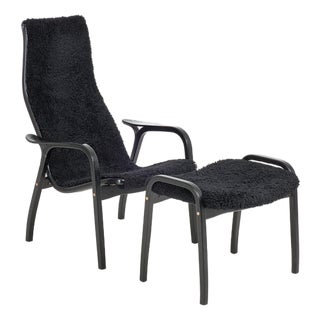 Set of Vintage Black Sheepskin Lamino Lounge Chair and Ottoman by Yngve Ekström for Swedese For Sale