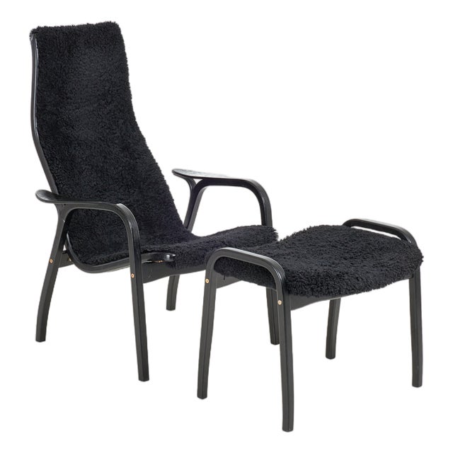 Set of Vintage Black Sheepskin Lamino Lounge Chair and Ottoman by Yngve Ekström for Swedese For Sale