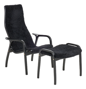 Set of Vintage Black Sheepskin Lamino Lounge Chair and Ottoman by Yngve Ekström for Swedese