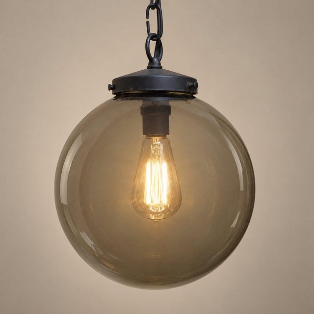 Mid-Century Modern 1970s Mid Century Modern Smoked Glass Globe Pendant Light, Black Metal, Ceiling Fixture For Sale - Image 3 of 13