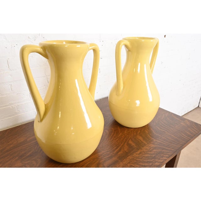 Robinson Ransbottom Pottery Co. Robinson Ransbottom of Roseville Arts & Crafts Large Yellow Glazed Handled Art Pottery Jugs or Vases, Pair For Sale - Image 4 of 13