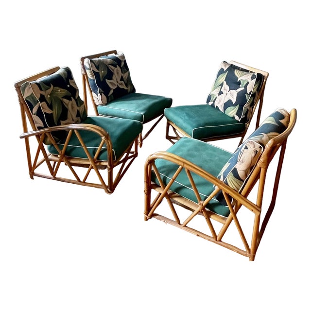 1950's Heywood Wakefield 4 Pc Rattan Bamboo Sofa & Chair Set For Sale