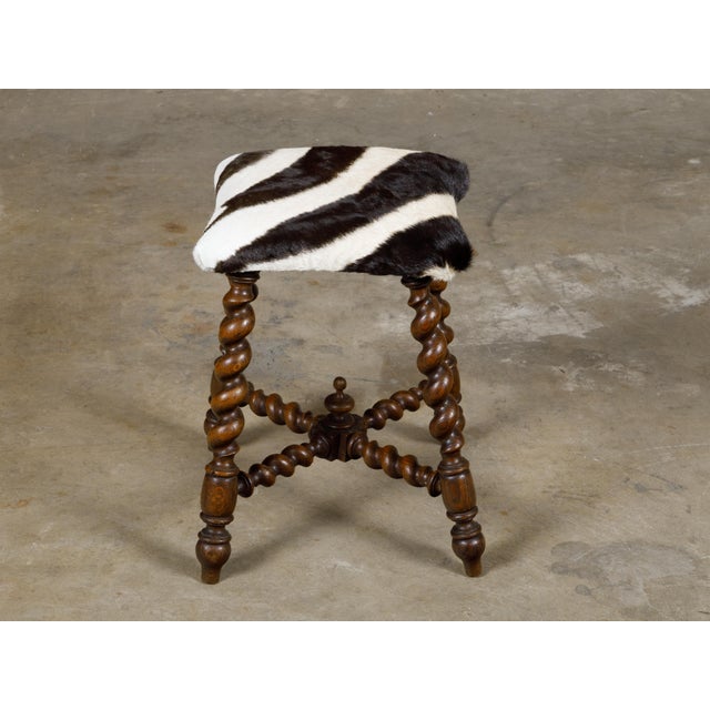 Early 20th Century Turn of the Century Barley Twist English Stool with Zebra Hide Upholstery For Sale - Image 5 of 12