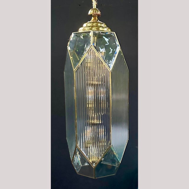 Art Deco Large 1990s New Old Stock Fluted Glass Art Deco Revival Chandelier With 9 Lights For Sale - Image 3 of 12