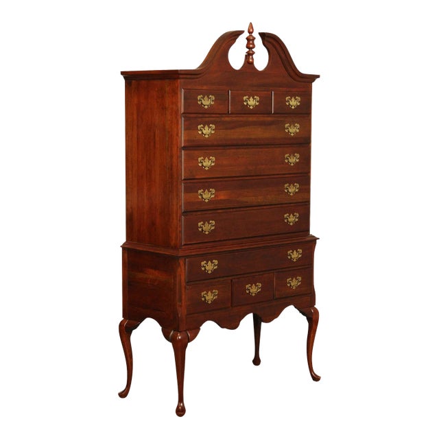 Crescent Queen Anne Style Carved Cherry Highboy Chest For Sale