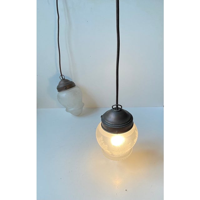 Metal Antique Edwardian Style Etched Glass and Copper Pendant Lights, 1910s, Set of 2 For Sale - Image 7 of 9