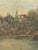 A vintage original landscape oil painting on canvas depicting a quiet waterfront scene with a distant cottage, wooded...