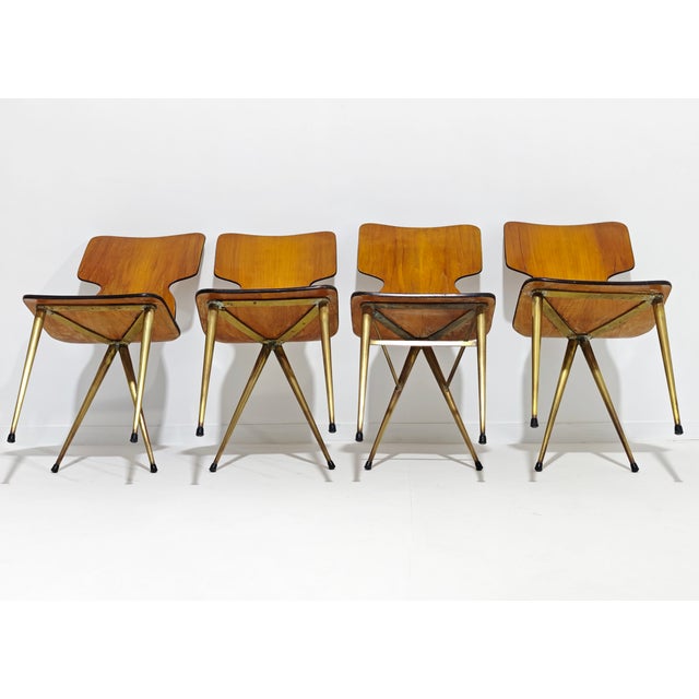 Curved Wooden Chairs with Brass Legs, 1970, Set of 4 For Sale - Image 6 of 18