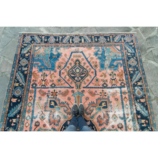 Antique Coral Navy Distressed Geometric Design Large Wool Pile Hand Knotted Rug - 7'6" X 11’3” For Sale - Image 4 of 10