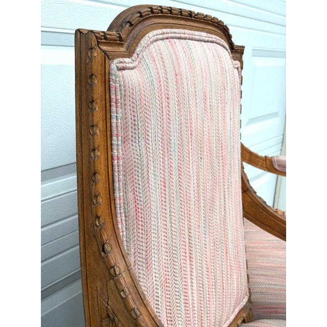 Vintage Louis XVI Carved Wood and Upholstered Arm Chairs - A Pair For Sale - Image 9 of 12