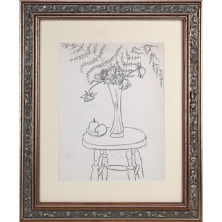 Vintage Mid Century Modernist Floral Still Life Drawing With Fruit by Achillo Sullo C. 1950s For Sale