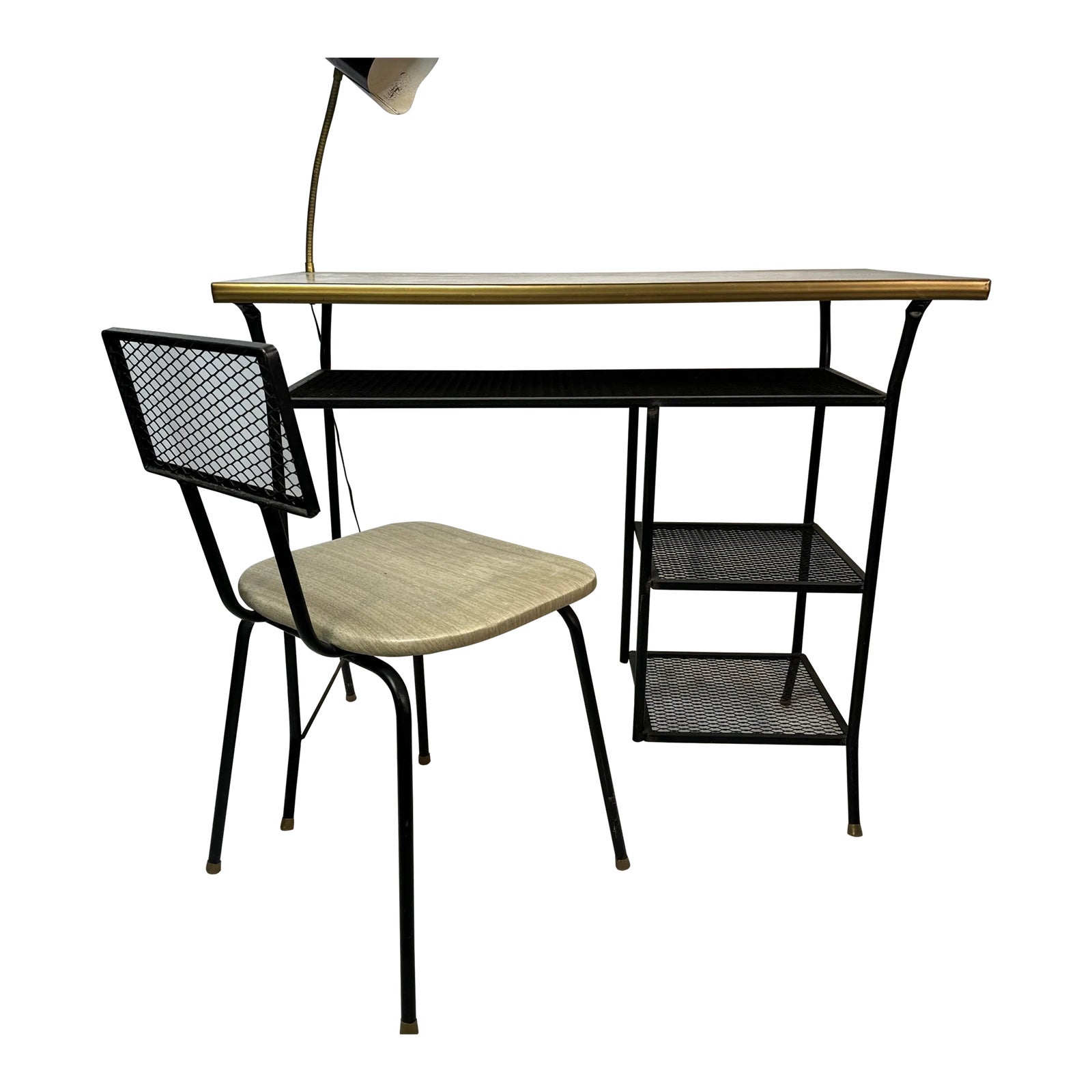 Mid Century Formica Top Iron Mesh Student Desk Built in Lamp With ...